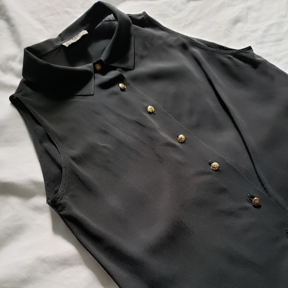 CHANEL Tops - CHANEL VTG gold buttons black sleeveless blouse